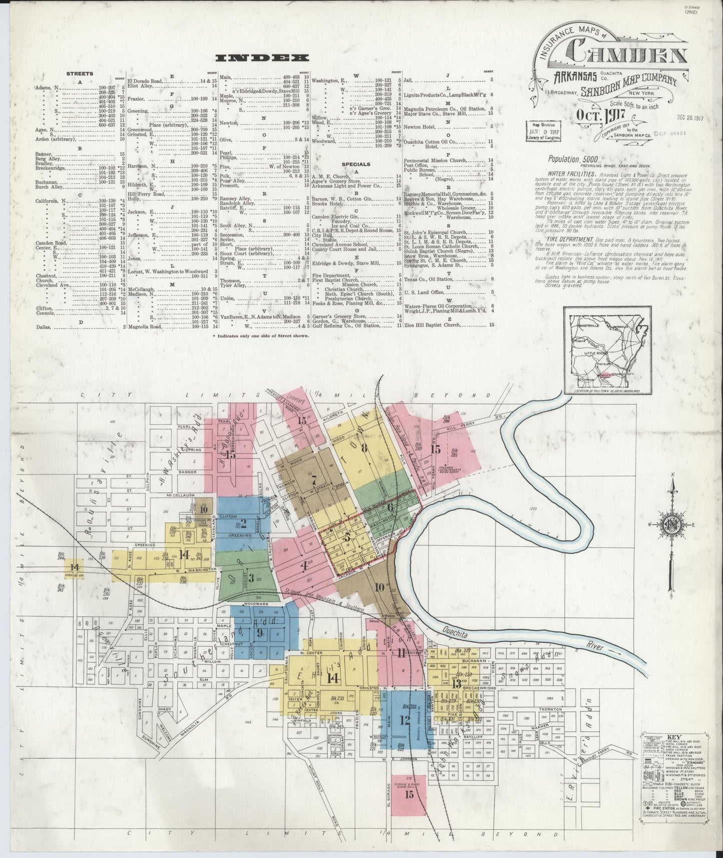 Sanborn Fire Insurance Map from Camden, Ouachita County, Arkansas (1917), Sheet #0001 - Complete Map Set gallery image, historic Sanborn map, vintage wall art, Arkansas Arkansas