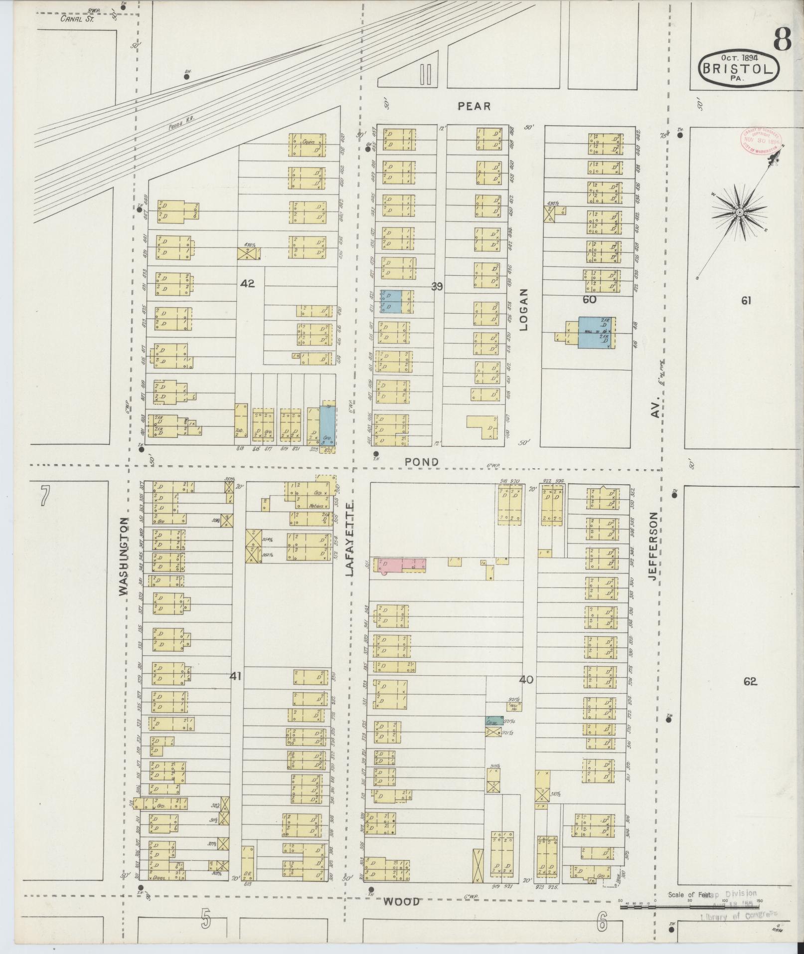 Sanborn Fire Insurance Map from Bristol, Bucks County, Pennsylvania (1894), Sheet #0008 - Historic Sanborn Fire Insurance Map Print, vintage old map wall art, antique decor, genealogy gift, Pennsylvania Pennsylvania map