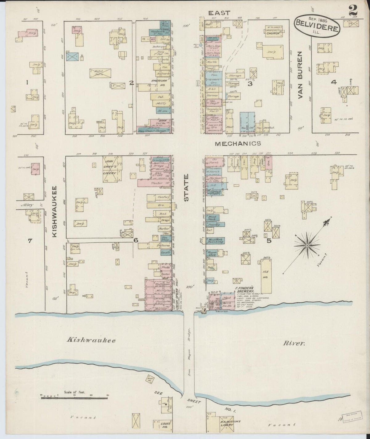 Sanborn Fire Insurance Map from Belvidere, Boone County, Illinois (1885), Sheet #0002 - Historic Sanborn Fire Insurance Map Print, vintage old map wall art, antique decor, genealogy gift, Illinois Illinois map