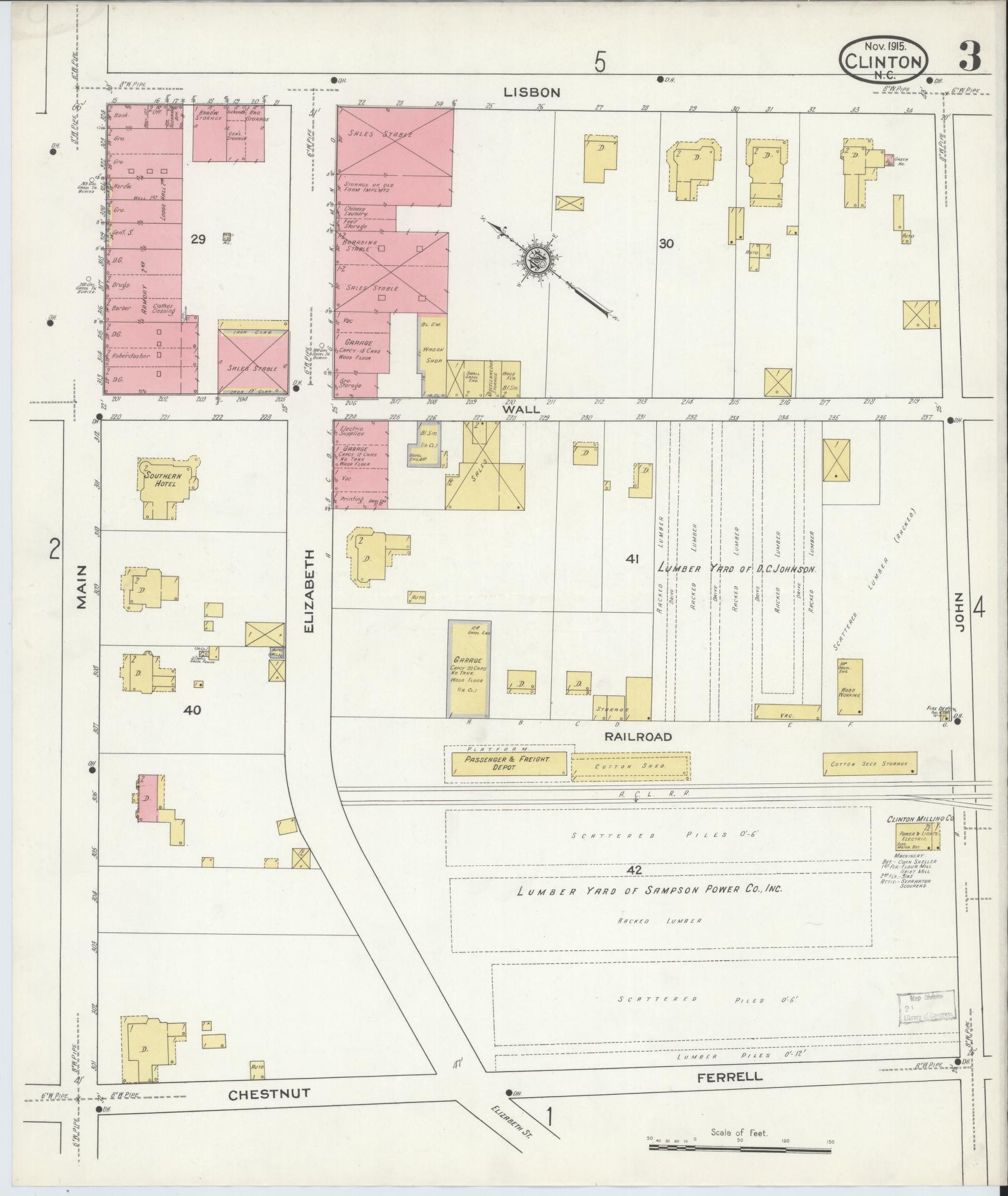 Sanborn Fire Insurance Map from Clinton, Sampson County, North Carolina (1915), Sheet #0003 - Complete Map Set gallery image, historic Sanborn map, vintage wall art, North Carolina North Carolina