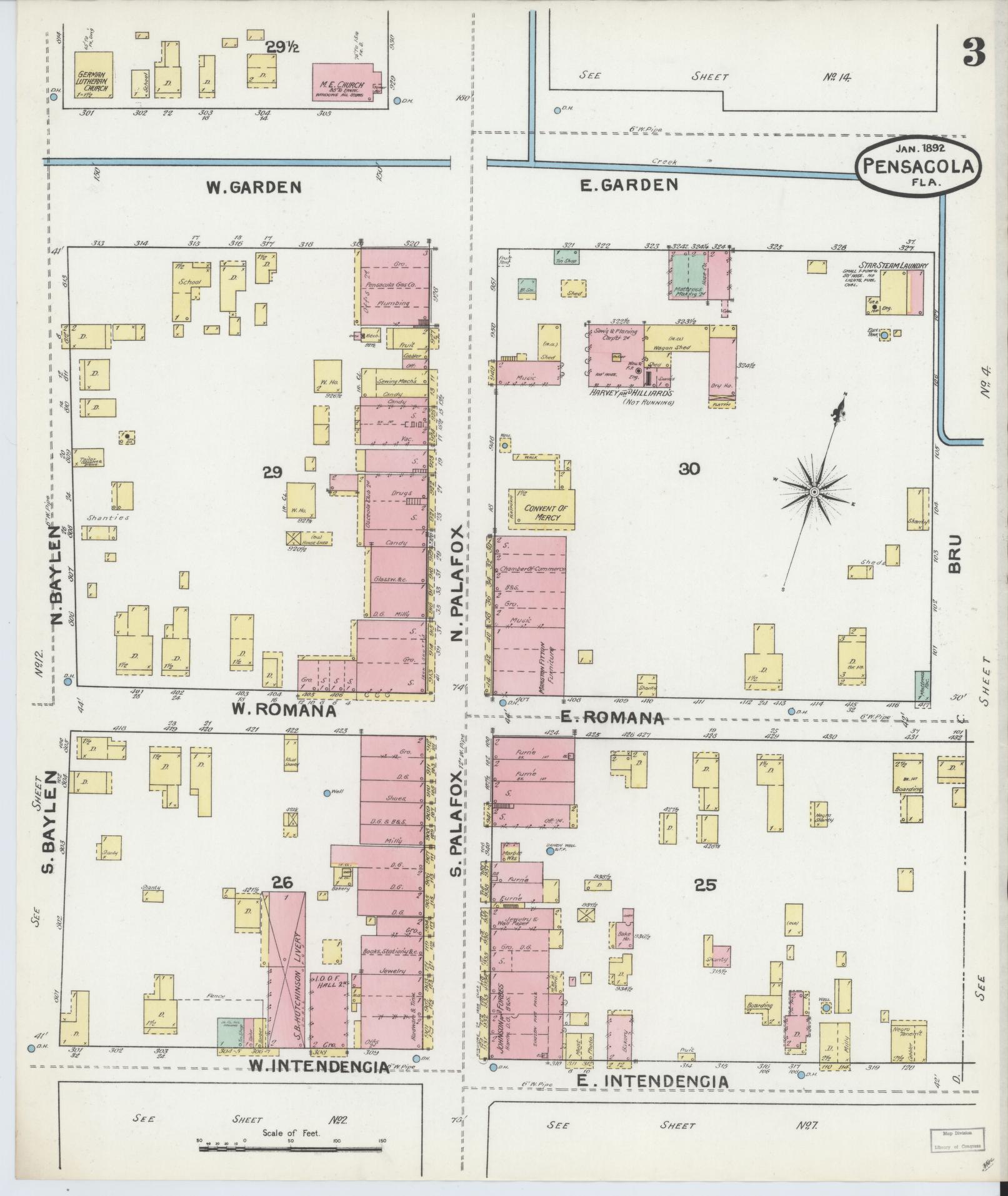 Sanborn Fire Insurance Map from Pensacola, Escambia County, Florida (1892), Sheet #0003 - Historic Sanborn Fire Insurance Map Print, vintage old map wall art, antique decor, genealogy gift, Florida Florida map