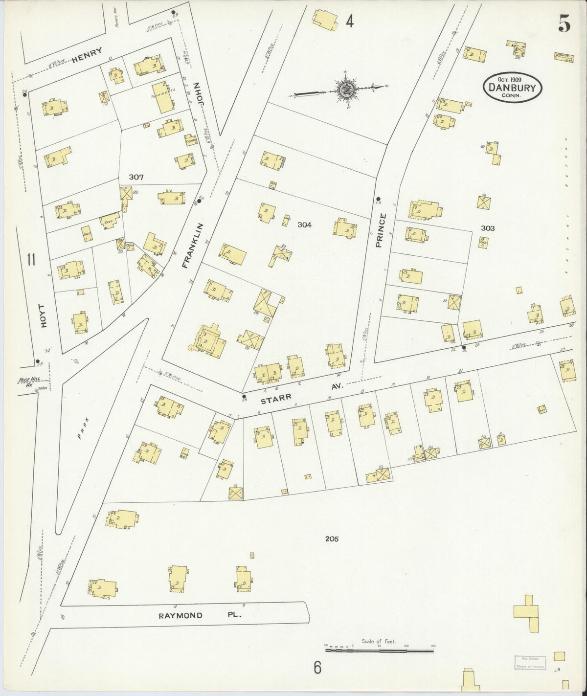 Sanborn Fire Insurance Map from Danbury, Fairfield County, Connecticut (1909), Sheet #0005 - Historic Sanborn Fire Insurance Map Print, vintage old map wall art, antique decor, genealogy gift, Connecticut Connecticut map
