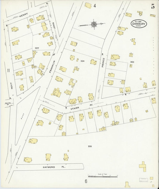 Sanborn Fire Insurance Map from Danbury, Fairfield County, Connecticut (1909), Sheet #0005 - Historic Sanborn Fire Insurance Map Print, vintage old map wall art, antique decor, genealogy gift, Connecticut Connecticut map