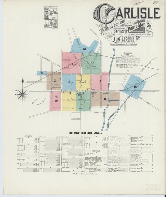 Sanborn Fire Insurance Map from Carlisle, Cumberland County, Pennsylvania (1890), Sheet #0001 - Historic Sanborn Fire Insurance Map Print, vintage old map wall art, antique decor, genealogy gift, Pennsylvania Pennsylvania map