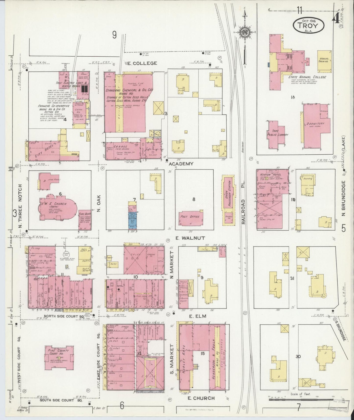 Sanborn Fire Insurance Map from Troy, Pike County, Alabama (1916), Sheet #0004 - Complete Map Set gallery image, historic Sanborn map, vintage wall art, Alabama Alabama