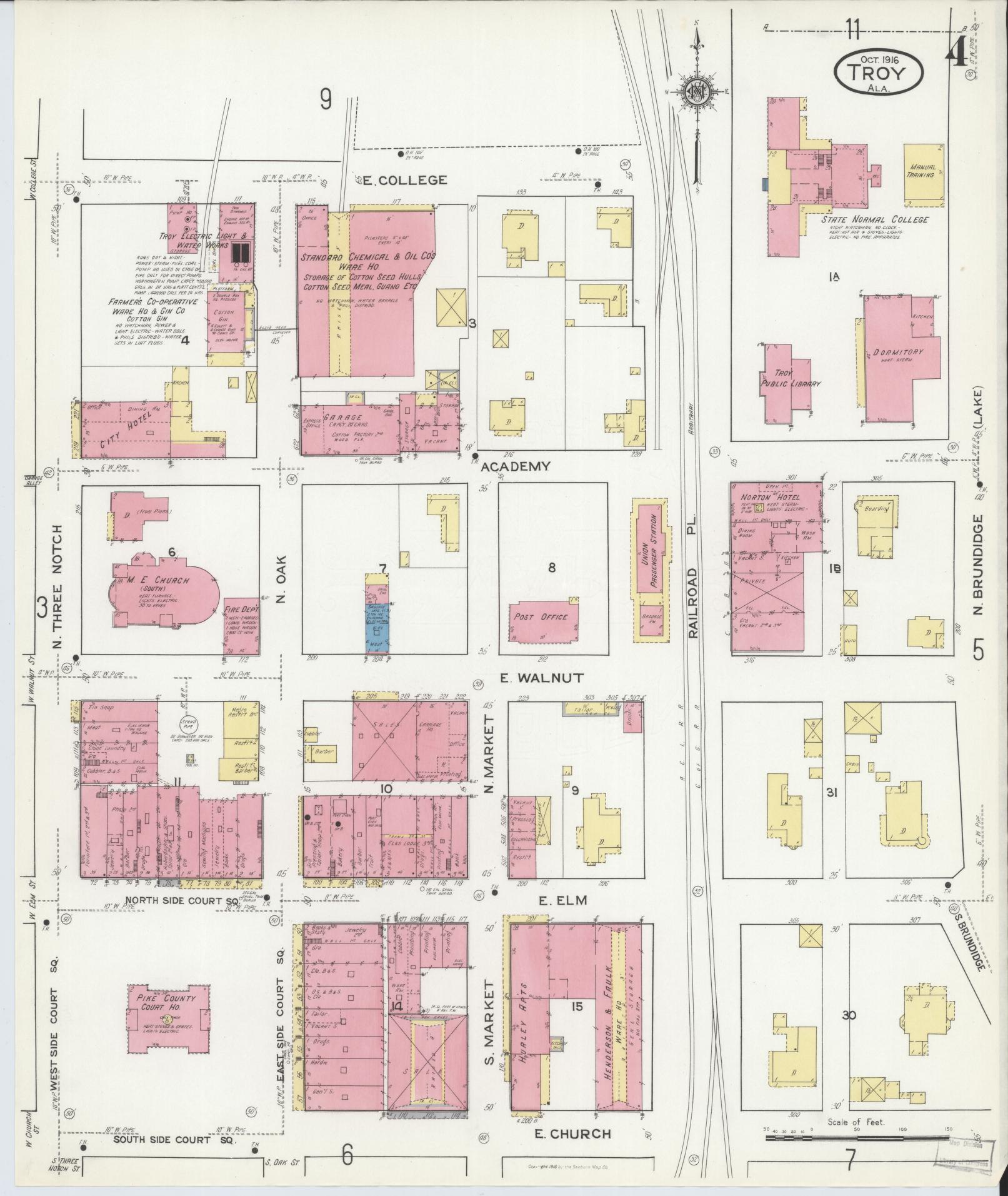 Sanborn Fire Insurance Map from Troy, Pike County, Alabama (1916), Sheet #0004 - Complete Map Set gallery image, historic Sanborn map, vintage wall art, Alabama Alabama