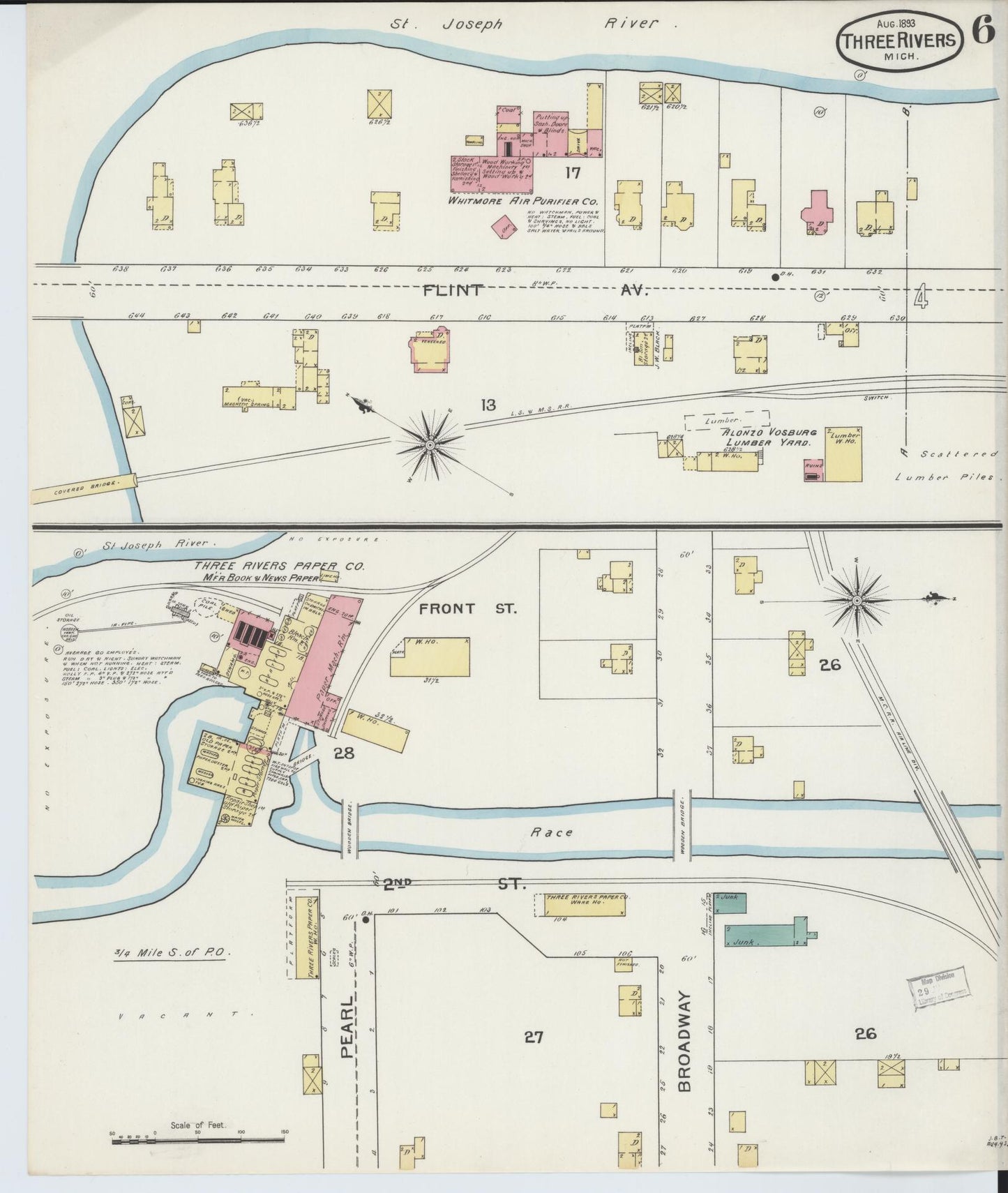 Sanborn Fire Insurance Map from Three Rivers, Saint Joseph County, Michigan (1893), Sheet #0006 - Historic Sanborn Fire Insurance Map Print, vintage old map wall art, antique decor, genealogy gift, Michigan Michigan map
