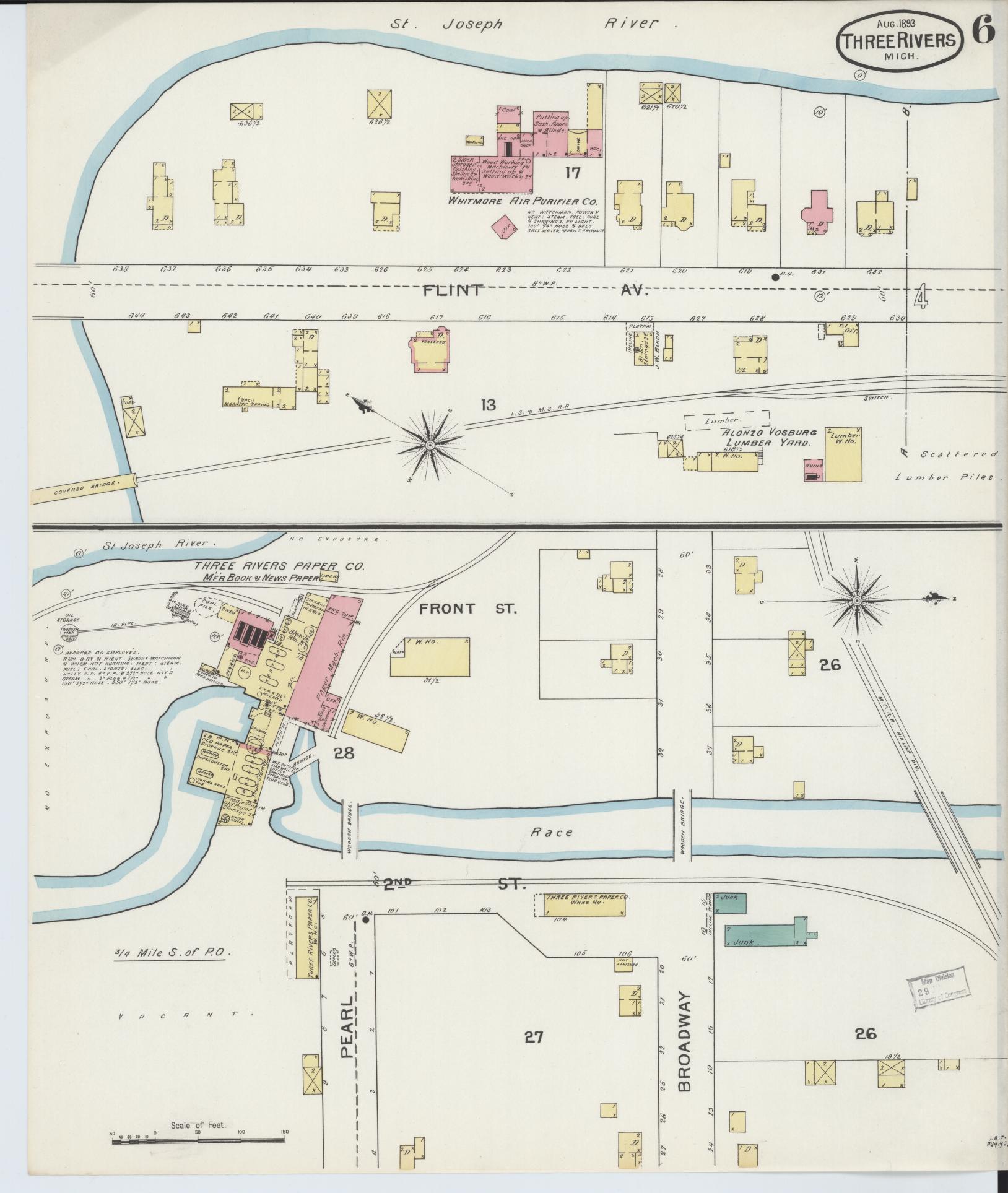 Sanborn Fire Insurance Map from Three Rivers, Saint Joseph County, Michigan (1893), Sheet #0006 - Historic Sanborn Fire Insurance Map Print, vintage old map wall art, antique decor, genealogy gift, Michigan Michigan map