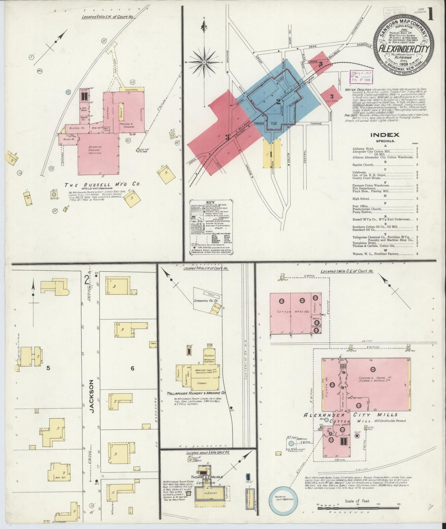 Sanborn Fire Insurance Map from Alexander City, Tallapoosa County, Alabama (1909), Sheet #0001 - Complete Map Set gallery image, historic Sanborn map, vintage wall art, Alabama Alabama