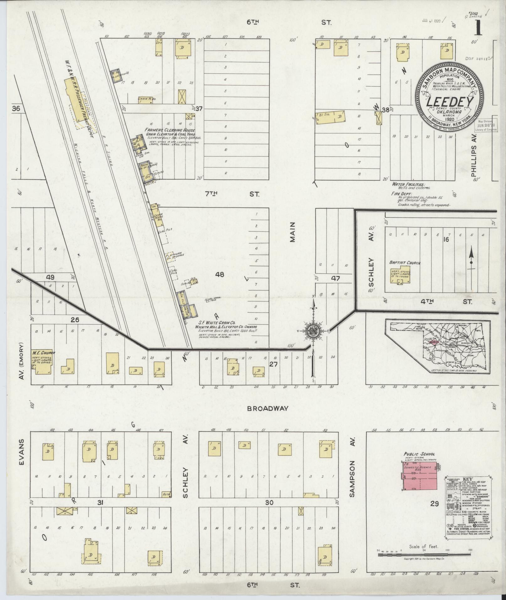 Sanborn Fire Insurance Map from Leedey, Dewey County, Oklahoma (1920), Sheet #0001 - Complete Map Set gallery image, historic Sanborn map, vintage wall art, Oklahoma Oklahoma