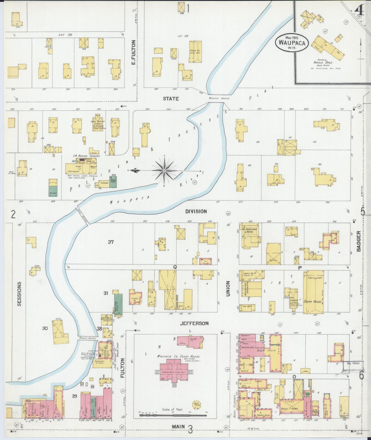 Sanborn Fire Insurance Map from Waupaca, Waupaca County, Wisconsin (1901), Sheet #0004 - Complete Map Set gallery image, historic Sanborn map, vintage wall art, Wisconsin Wisconsin