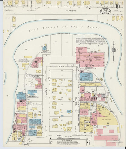 Sanborn Fire Insurance Map from Elyria, Lorain County, Ohio (1915), Sheet #0018 - Historic Sanborn Fire Insurance Map Print, vintage old map wall art, antique decor, genealogy gift, Ohio Ohio map
