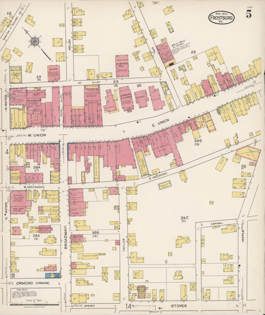 Sanborn Fire Insurance Map from Frostburg, Allegany County, Maryland (1922), Sheet #0005 - Historic Sanborn Fire Insurance Map Print, vintage old map wall art