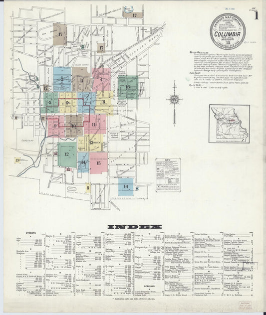 Sanborn Fire Insurance Map from Columbia, Boone County, Missouri (1914), Sheet #0001 - Historic Sanborn Fire Insurance Map Print, vintage old map wall art, antique decor, genealogy gift, Missouri Missouri map