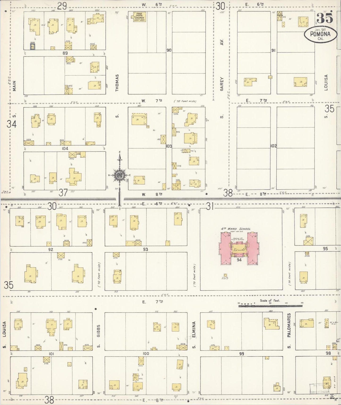 Sanborn Fire Insurance Map from Pomona, Los Angeles County, California (1911), Sheet #0035 - Complete Map Set gallery image, historic Sanborn map, vintage wall art, California California