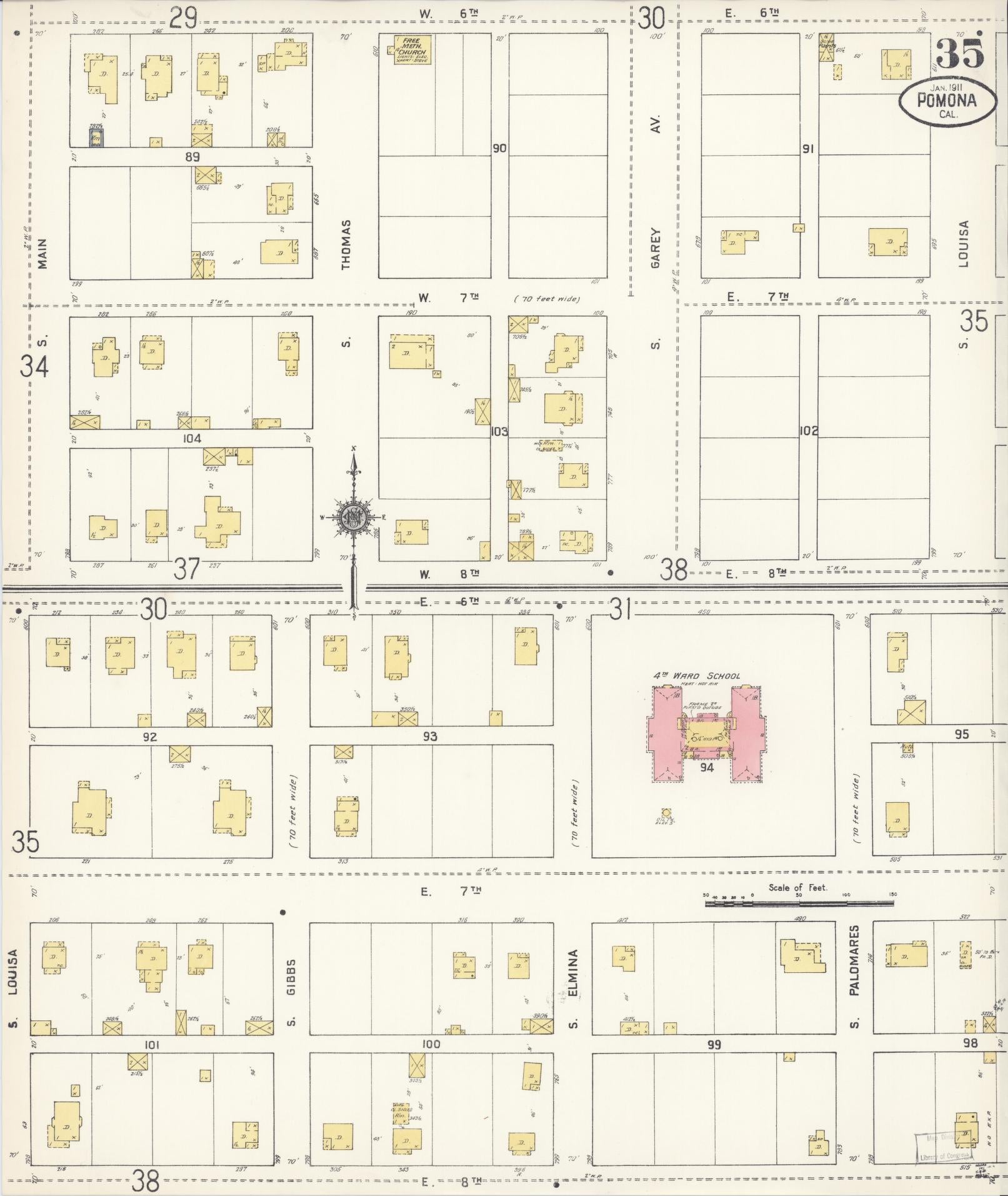 Sanborn Fire Insurance Map from Pomona, Los Angeles County, California (1911), Sheet #0035 - Complete Map Set gallery image, historic Sanborn map, vintage wall art, California California