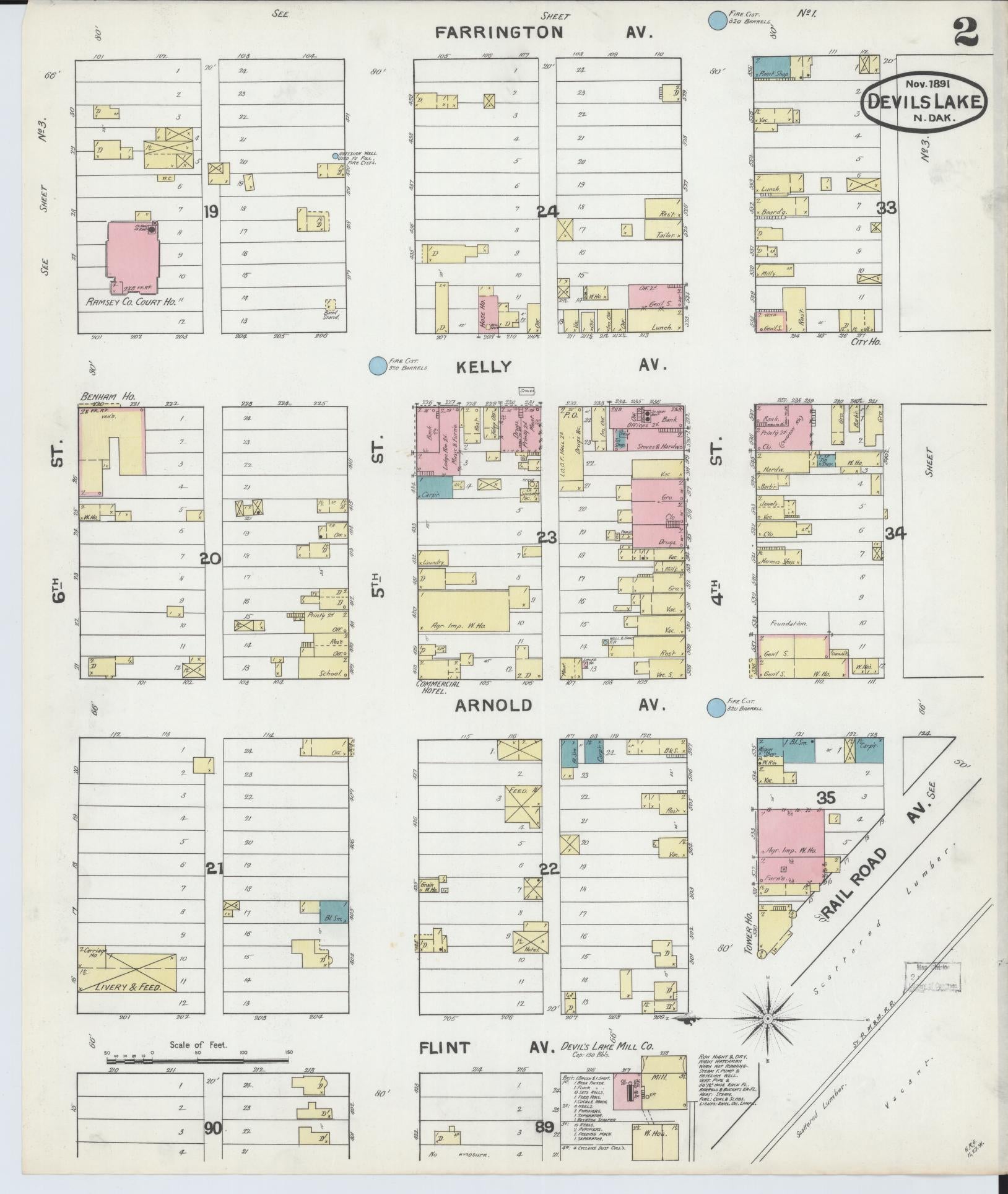 Sanborn Fire Insurance Map from Devils Lake, Ramsey County, North Dakota (1891), Sheet #0002 - Historic Sanborn Fire Insurance Map Print, vintage old map wall art, antique decor, genealogy gift, North Dakota North Dakota map