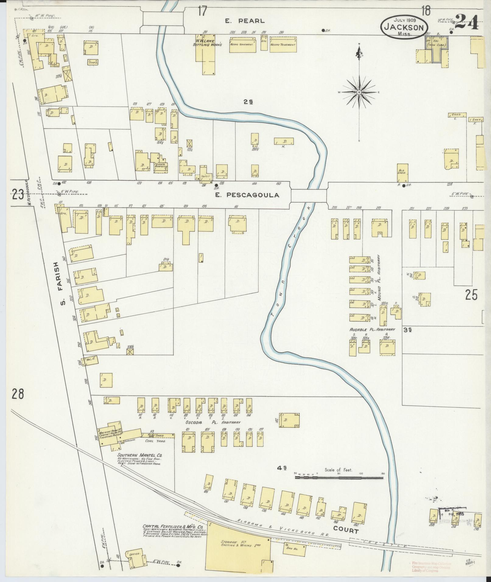 Sanborn Fire Insurance Map from Jackson, Hinds County, Mississippi (1909), Sheet #0024 - Complete Map Set gallery image, historic Sanborn map, vintage wall art, Mississippi Mississippi