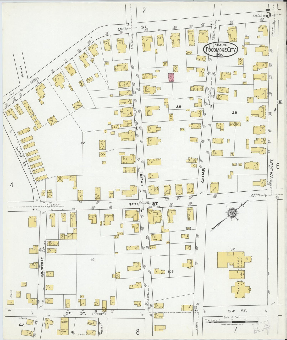 Sanborn Fire Insurance Map from Pocomoke City, Worcester County, Maryland (1919), Sheet #0005 - Historic Sanborn Fire Insurance Map Print, vintage old map wall art, antique decor, genealogy gift, Maryland Maryland map