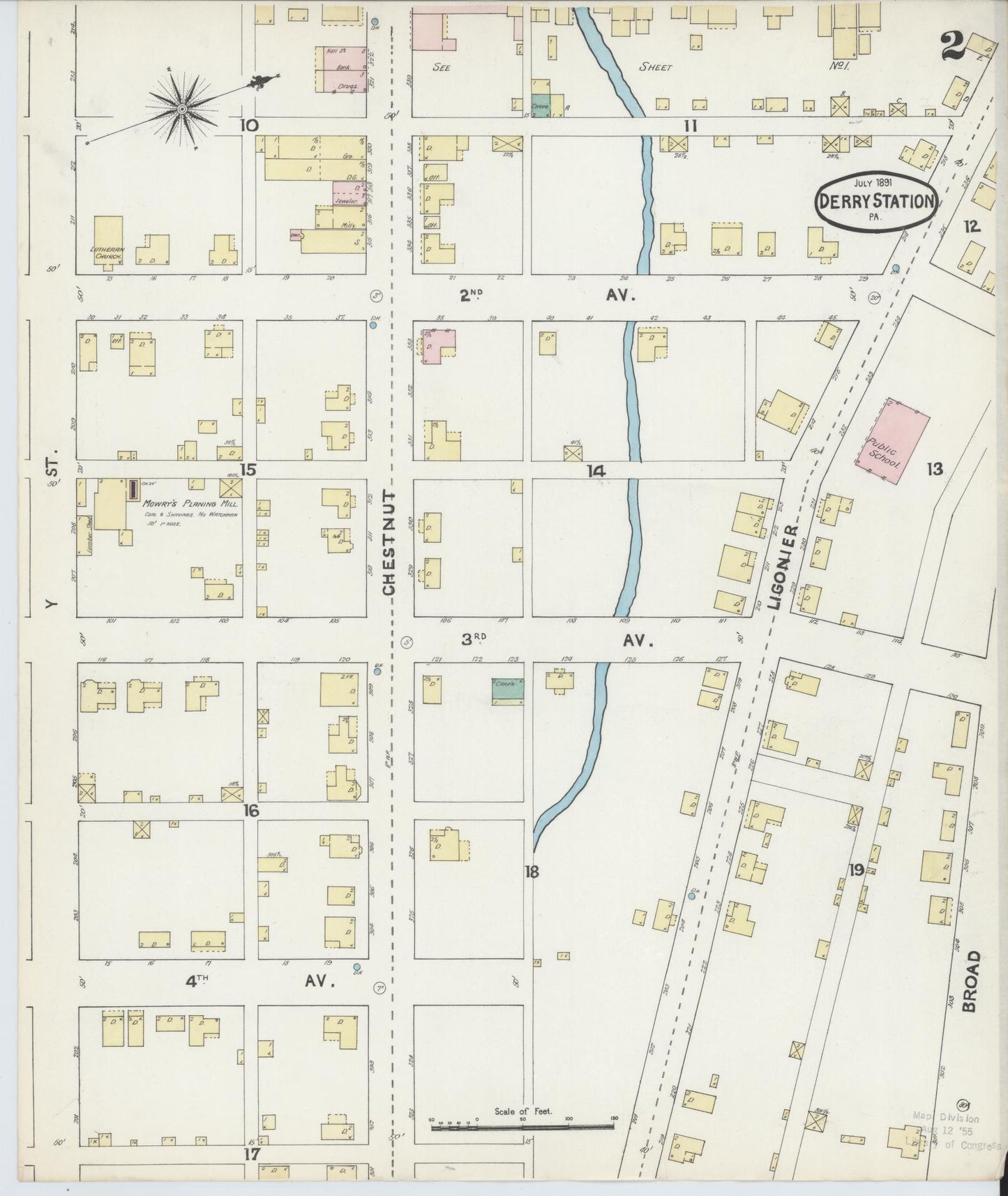 Sanborn Fire Insurance Map from Derry, Westmoreland County, Pennsylvania (1891), Sheet #0002 - Historic Sanborn Fire Insurance Map Print, vintage old map wall art, antique decor, genealogy gift, Pennsylvania Pennsylvania map