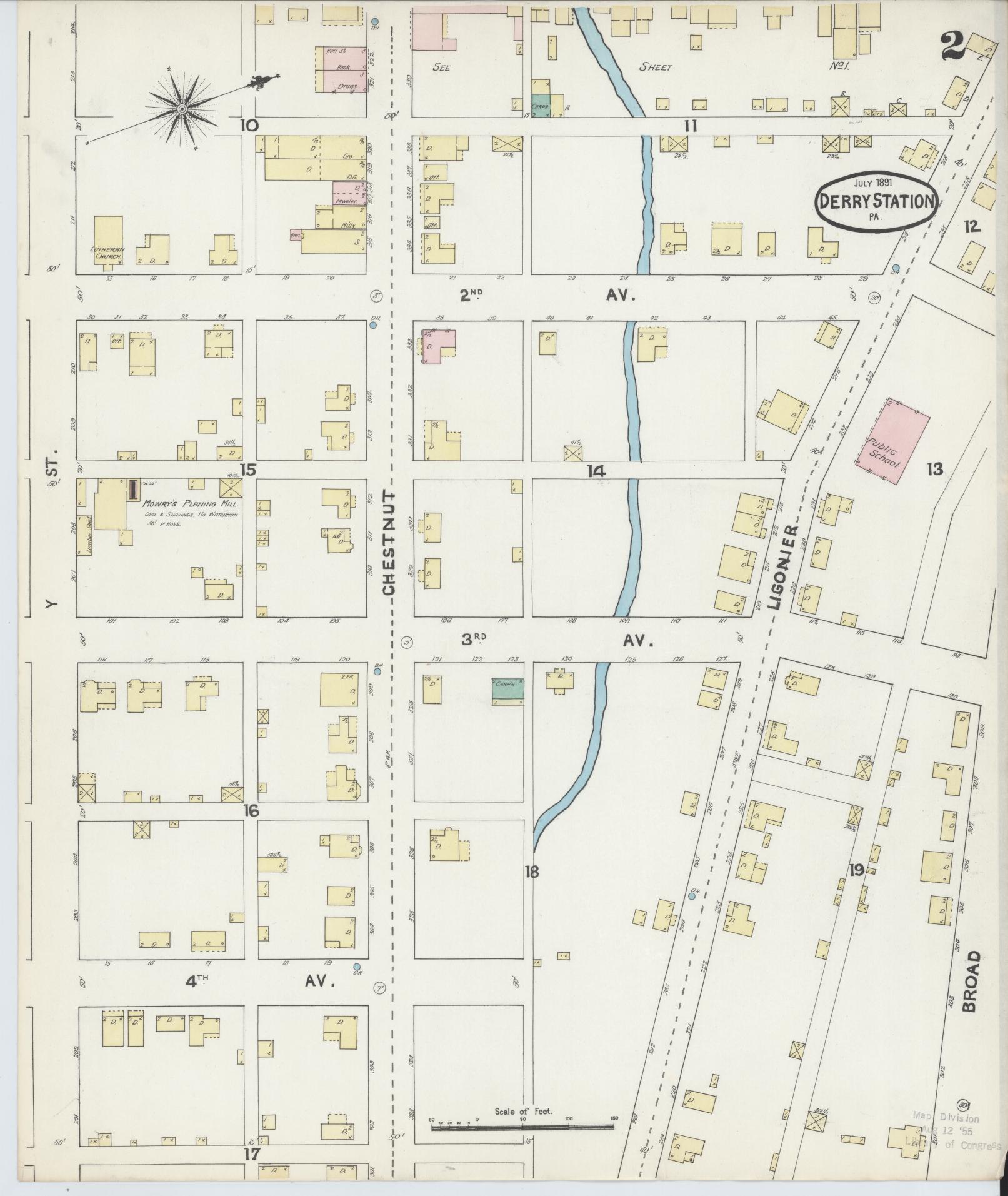 Sanborn Fire Insurance Map from Derry, Westmoreland County, Pennsylvania (1891), Sheet #0002 - Historic Sanborn Fire Insurance Map Print, vintage old map wall art, antique decor, genealogy gift, Pennsylvania Pennsylvania map