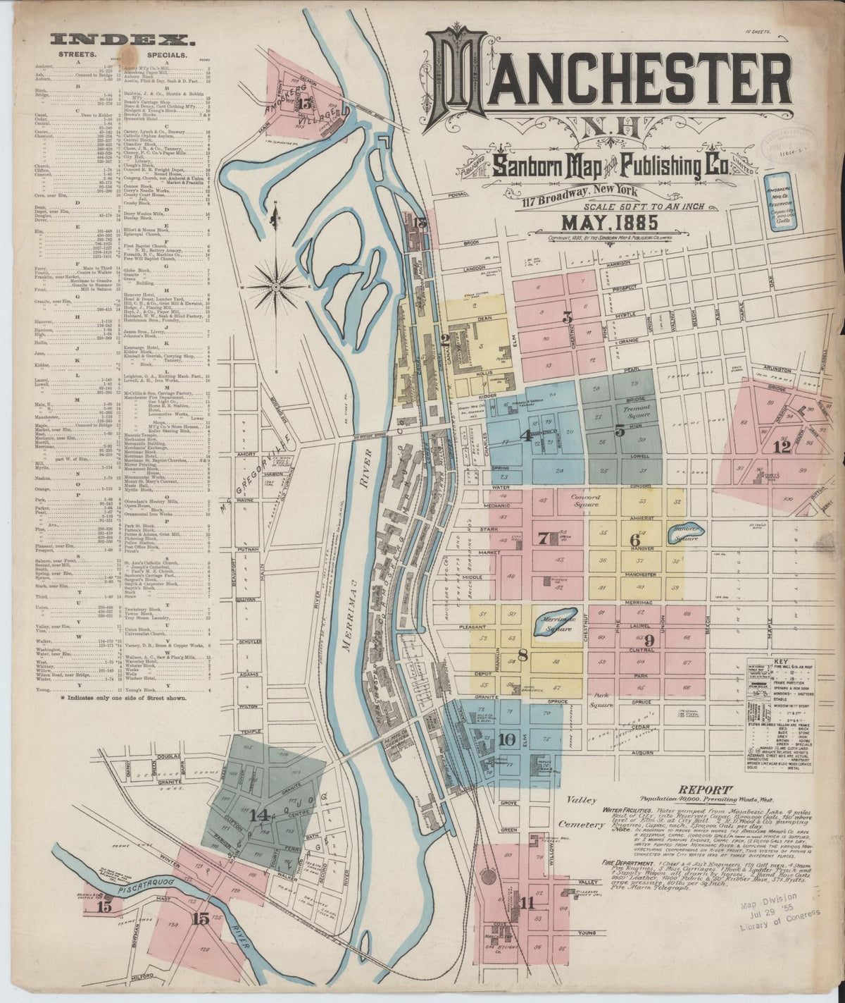 Sanborn Fire Insurance Map from Manchester, Hillsborough County, New Hampshire (1885), Sheet #0001 - Historic Sanborn Fire Insurance Map Print, vintage old map wall art, antique decor, genealogy gift, New Hampshire New Hampshire map