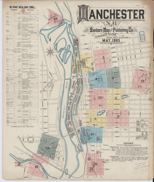 Sanborn Fire Insurance Map from Manchester, Hillsborough County, New Hampshire (1885), Sheet #0001 - Historic Sanborn Fire Insurance Map Print, vintage old map wall art, antique decor, genealogy gift, New Hampshire New Hampshire map