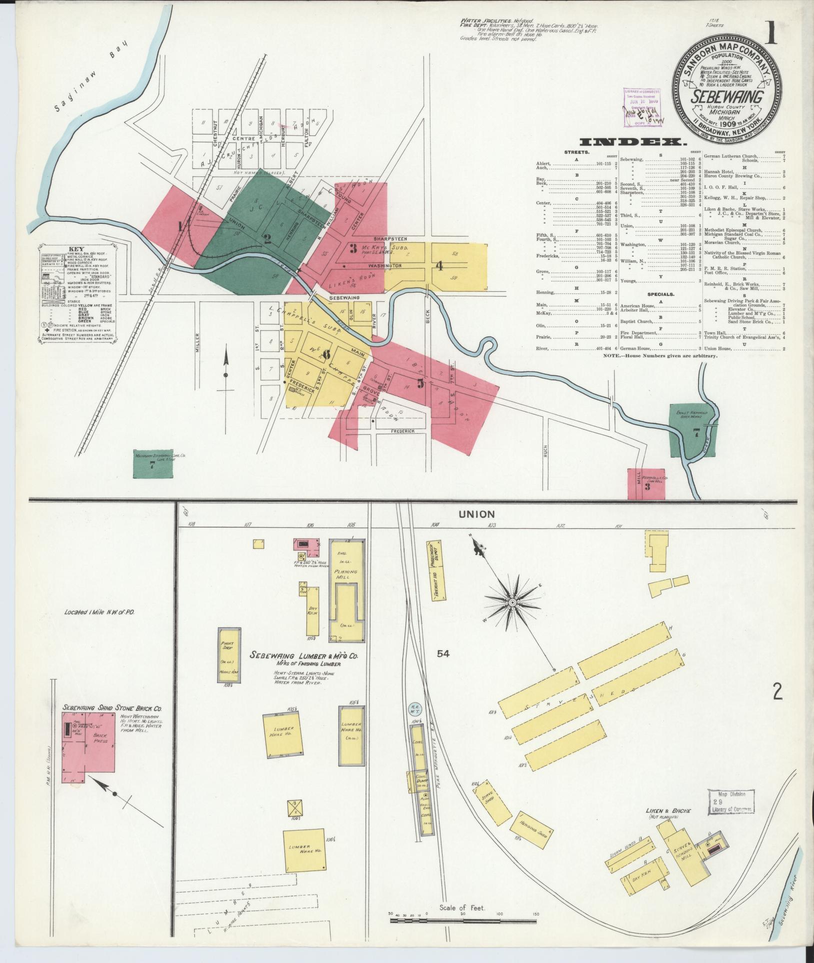 Sanborn Fire Insurance Map from Sebewaing, Huron County, Michigan (1909), Sheet #0001 - Complete Map Set gallery image, historic Sanborn map, vintage wall art, Michigan Michigan
