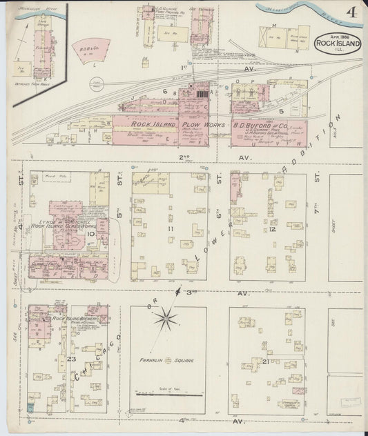 Sanborn Fire Insurance Map from Rock Island, Rock Island County, Illinois (1886), Sheet #0004 - Historic Sanborn Fire Insurance Map Print, vintage old map wall art, antique decor, genealogy gift, Illinois Illinois map