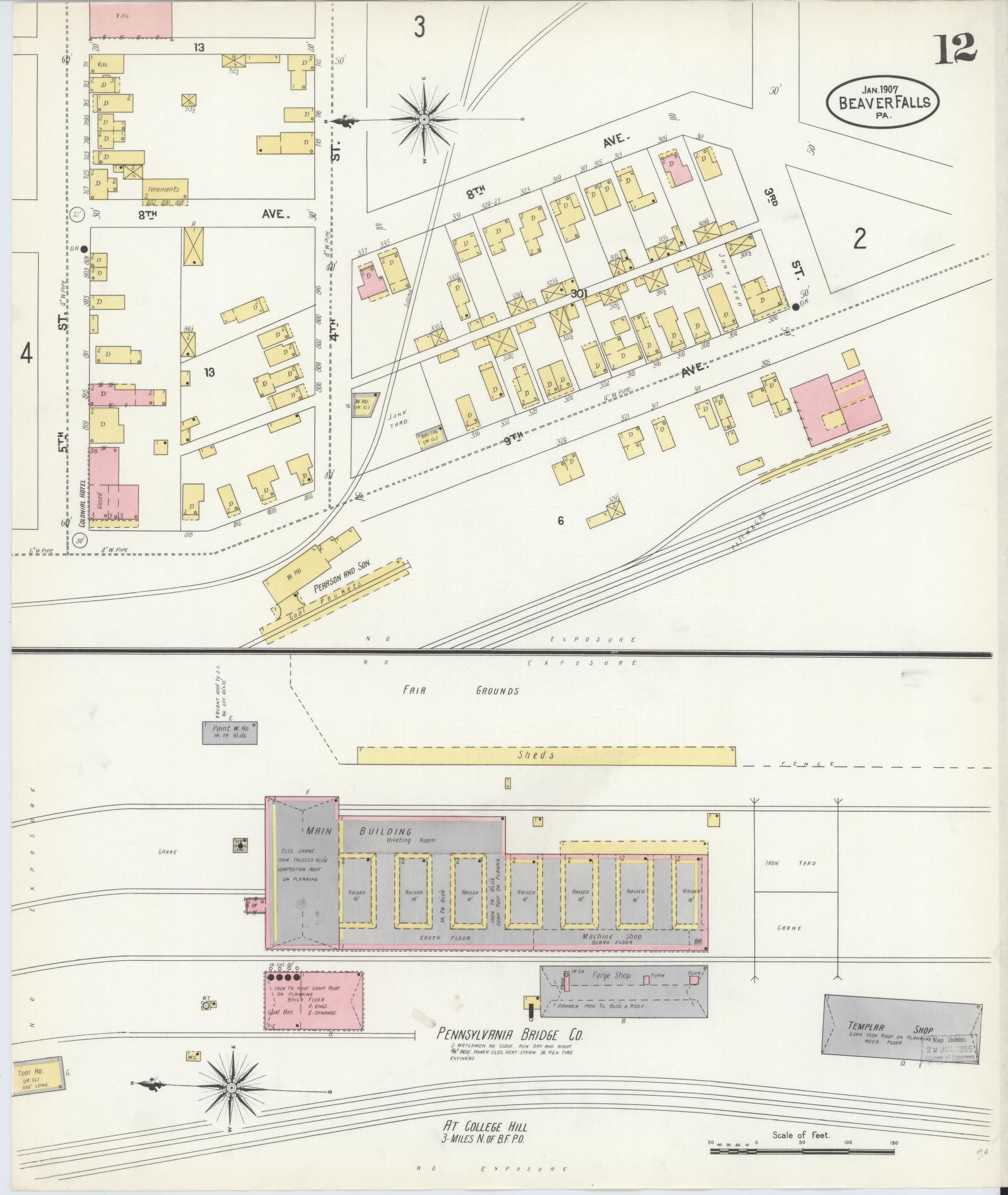 Sanborn Fire Insurance Map from Beaver Falls, Beaver County, Pennsylvania (1907), Sheet #0012 - Historic Sanborn Fire Insurance Map Print, vintage old map wall art, antique decor, genealogy gift, Pennsylvania Pennsylvania map