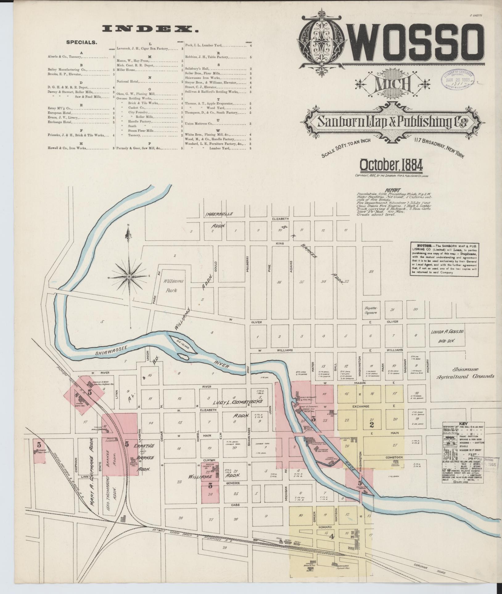 Sanborn Fire Insurance Map from Owosso, Shiawassee County, Michigan (1884), Sheet #0001 - Complete Map Set gallery image, historic Sanborn map, vintage wall art, Michigan Michigan