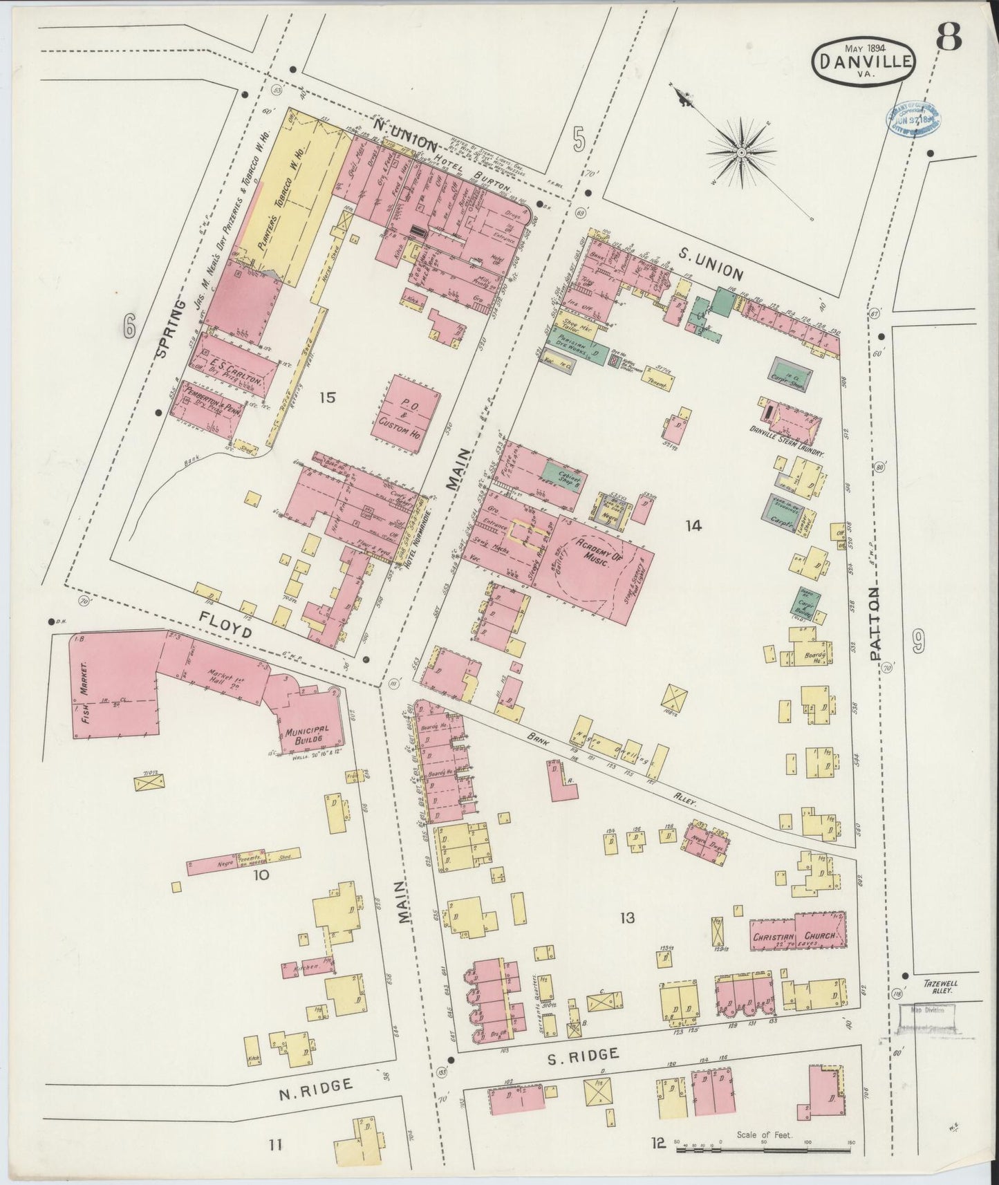 Sanborn Fire Insurance Map from Danville, Independent Cities, Virginia (1894), Sheet #0008 - Complete Map Set gallery image, historic Sanborn map, vintage wall art, Virginia Virginia