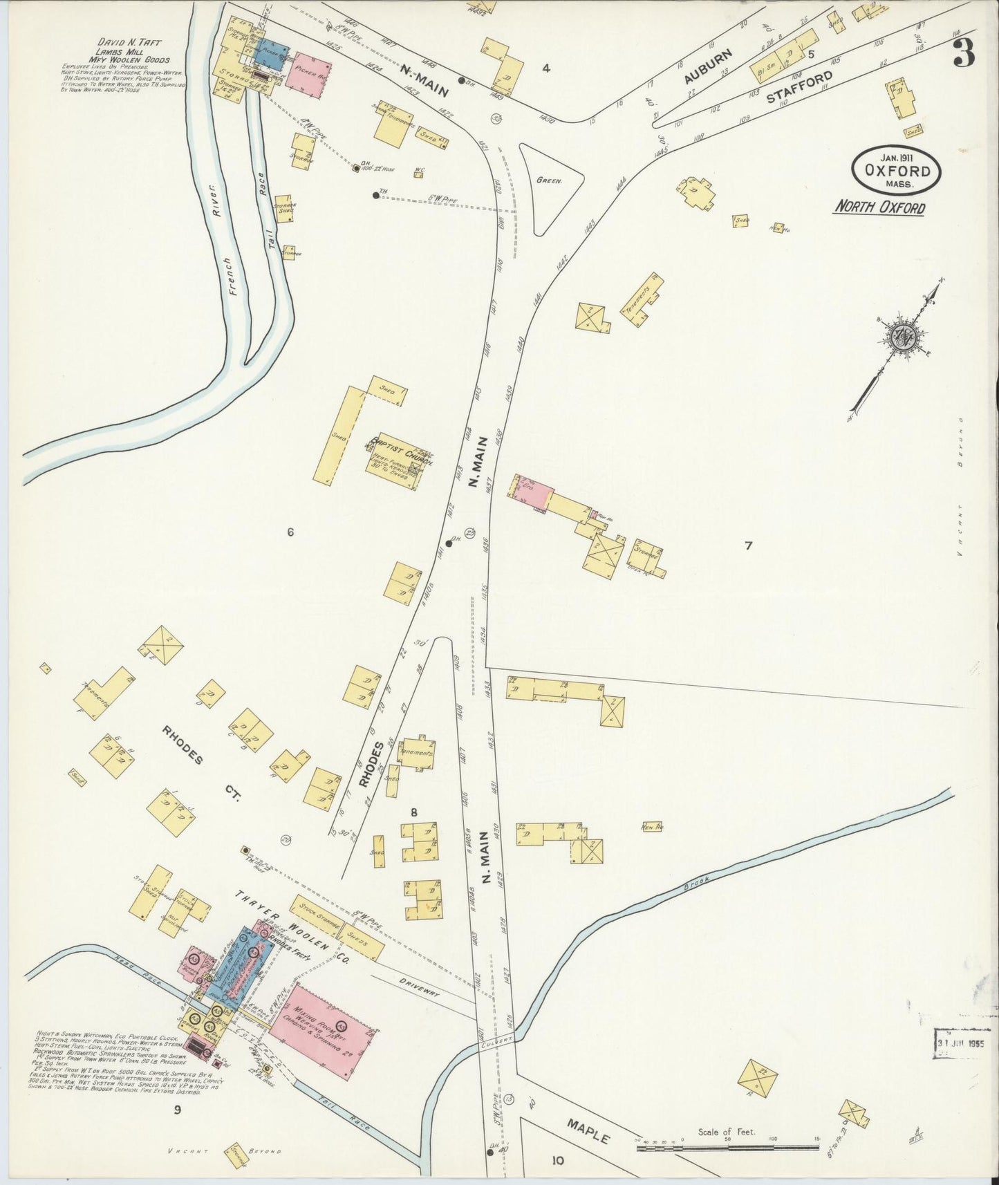 Sanborn Fire Insurance Map from Oxford, Worcester County, Massachusetts (1911), Sheet #0003 - Complete Map Set gallery image, historic Sanborn map, vintage wall art, Massachusetts Massachusetts