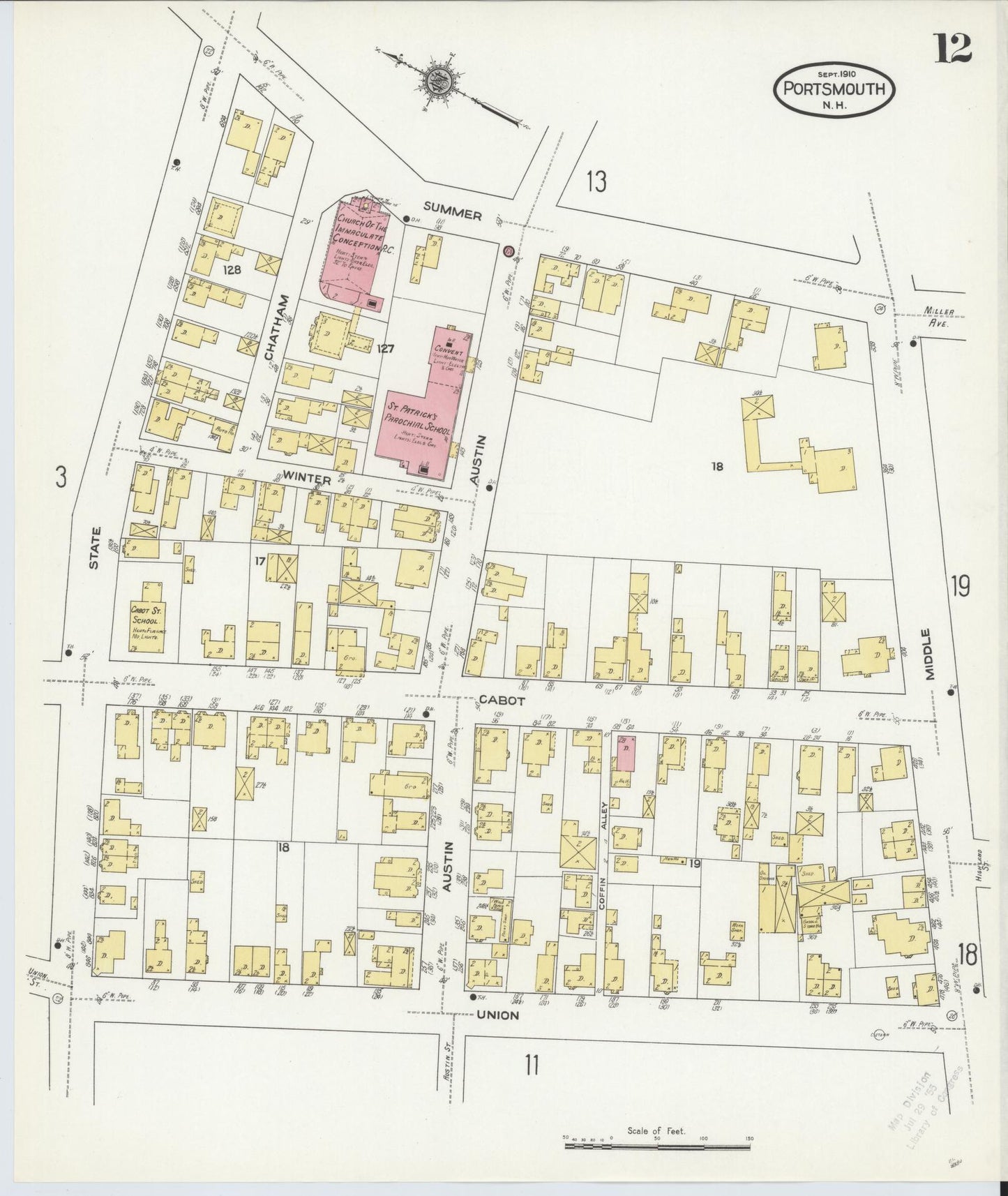 Sanborn Fire Insurance Map from Portsmouth, Rockingham County, New Hampshire (1910), Sheet #0012 - Historic Sanborn Fire Insurance Map Print, vintage old map wall art, antique decor, genealogy gift, New Hampshire New Hampshire map