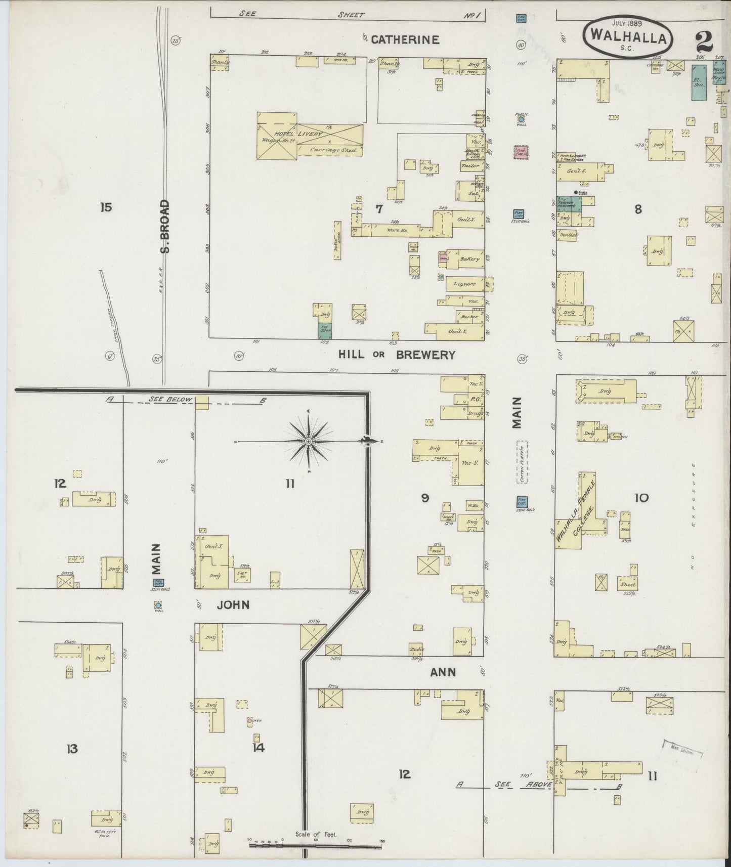 Sanborn Fire Insurance Map from Walhalla, Oconee County, South Carolina (1889), Sheet #0002 - Historic Sanborn Fire Insurance Map Print, vintage old map wall art, antique decor, genealogy gift, South Carolina South Carolina map