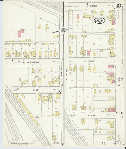 Sanborn Fire Insurance Map from Galion, Crawford County, Ohio (1913), Sheet #0013 - Historic Sanborn Fire Insurance Map Print, vintage old map wall art, antique decor, genealogy gift, Ohio Ohio map