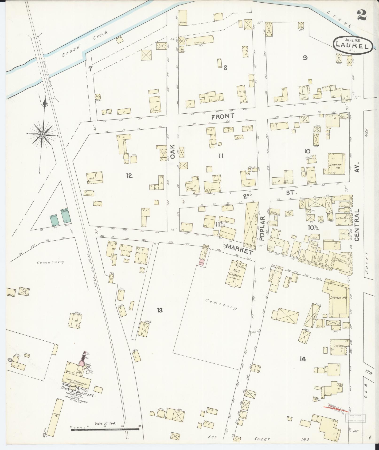 Sanborn Fire Insurance Map from Laurel, Sussex County, Delaware (1891), Sheet #0002 - Historic Sanborn Fire Insurance Map Print, vintage old map wall art, antique decor, genealogy gift, Delaware Delaware map