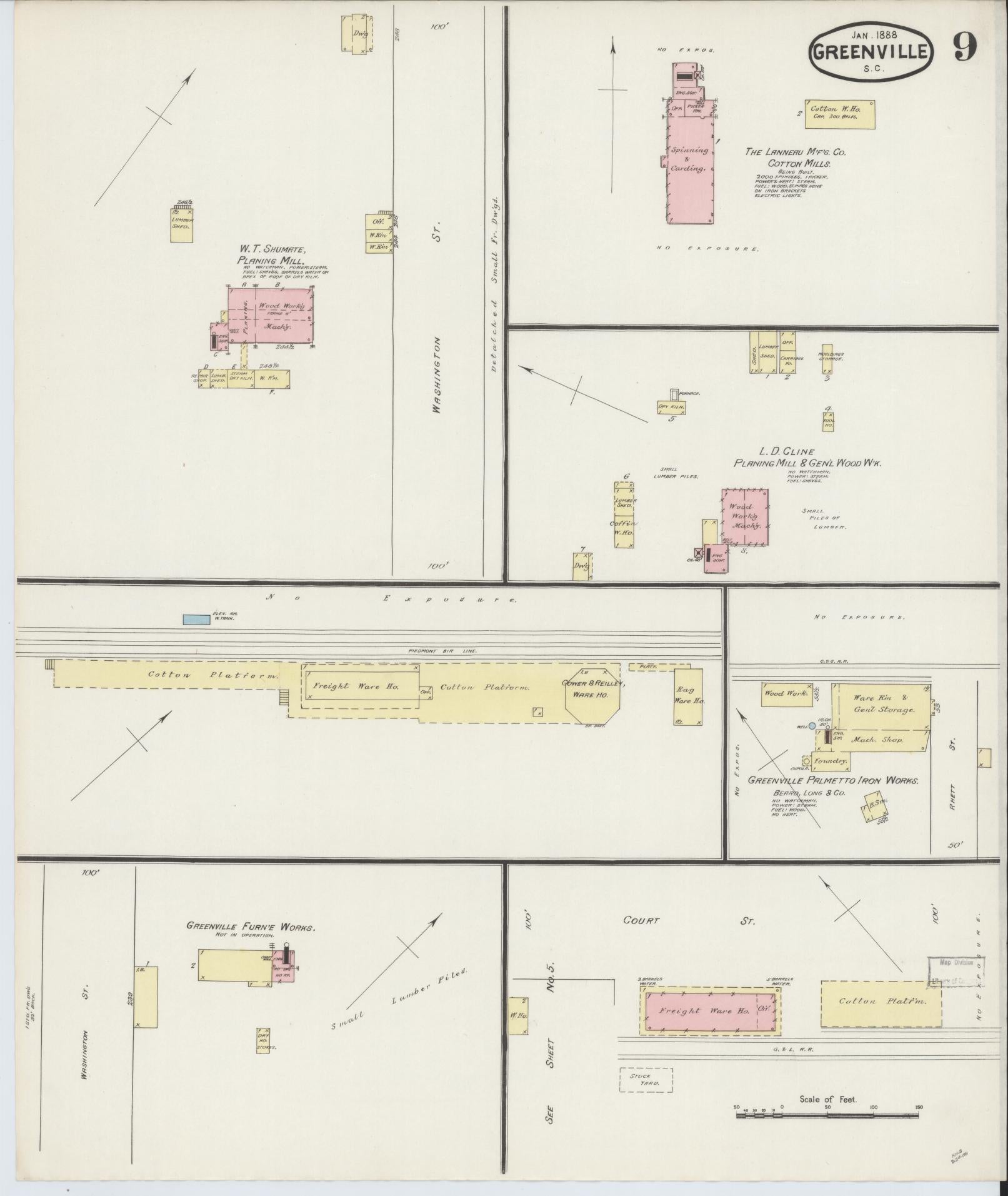 Sanborn Fire Insurance Map from Greenville, Greenville County, South Carolina (1888), Sheet #0009 - Historic Sanborn Fire Insurance Map Print, vintage old map wall art, antique decor, genealogy gift, South Carolina South Carolina map