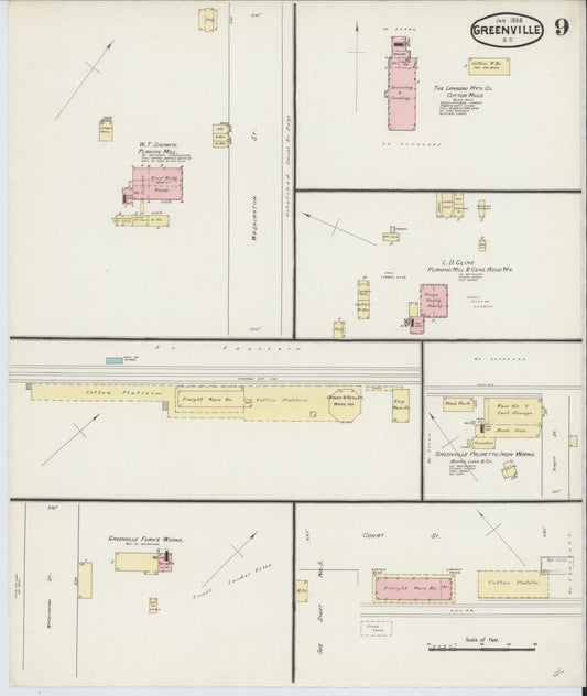 Sanborn Fire Insurance Map from Greenville, Greenville County, South Carolina (1888), Sheet #0009 - Historic Sanborn Fire Insurance Map Print, vintage old map wall art, antique decor, genealogy gift, South Carolina South Carolina map