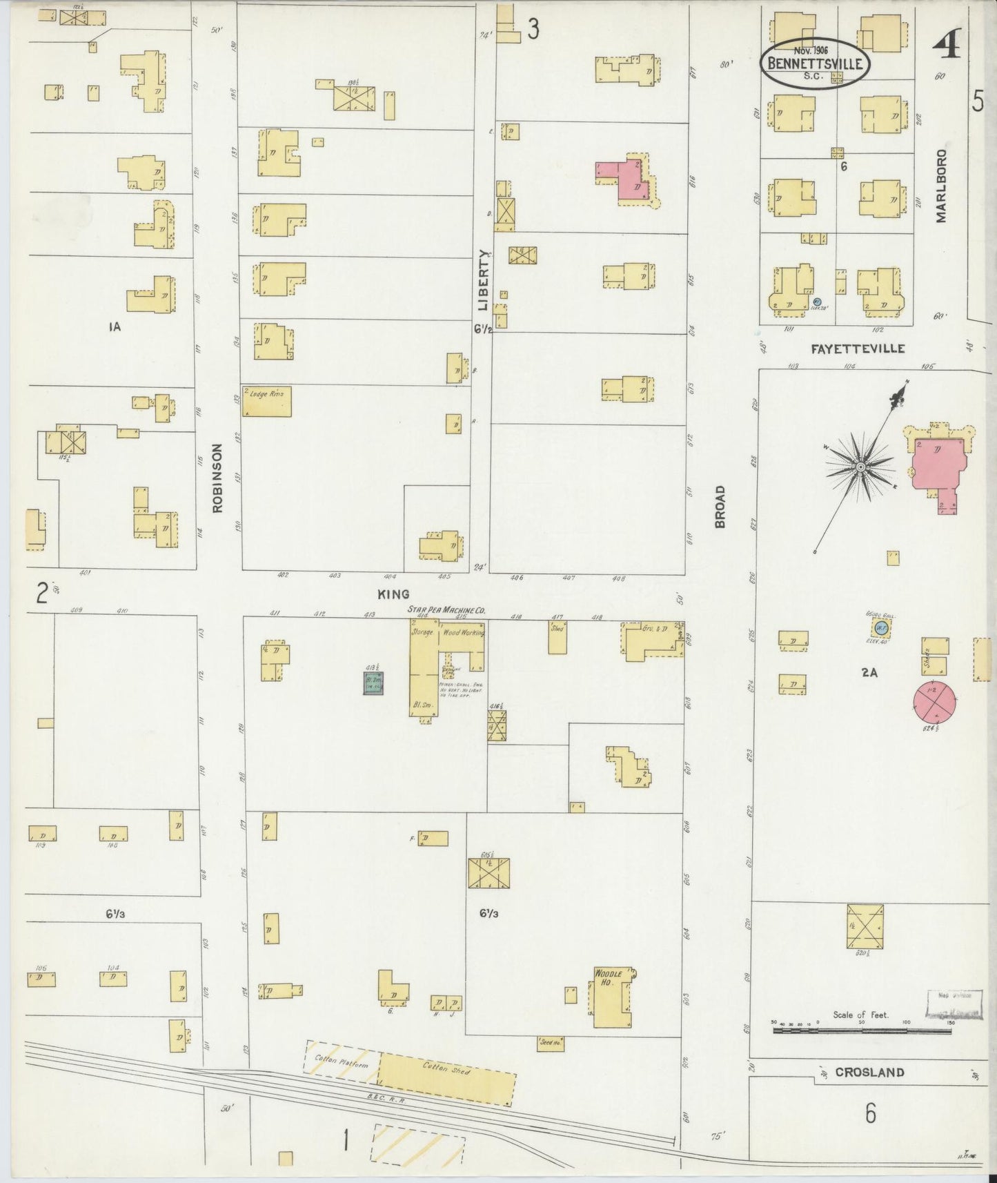Sanborn Fire Insurance Map from Bennettsville, Marlboro County, South Carolina (1906), Sheet #0004 - Historic Sanborn Fire Insurance Map Print, vintage old map wall art, antique decor, genealogy gift, South Carolina South Carolina map