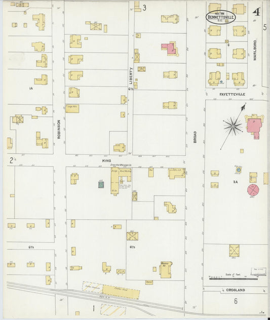 Sanborn Fire Insurance Map from Bennettsville, Marlboro County, South Carolina (1906), Sheet #0004 - Historic Sanborn Fire Insurance Map Print, vintage old map wall art, antique decor, genealogy gift, South Carolina South Carolina map