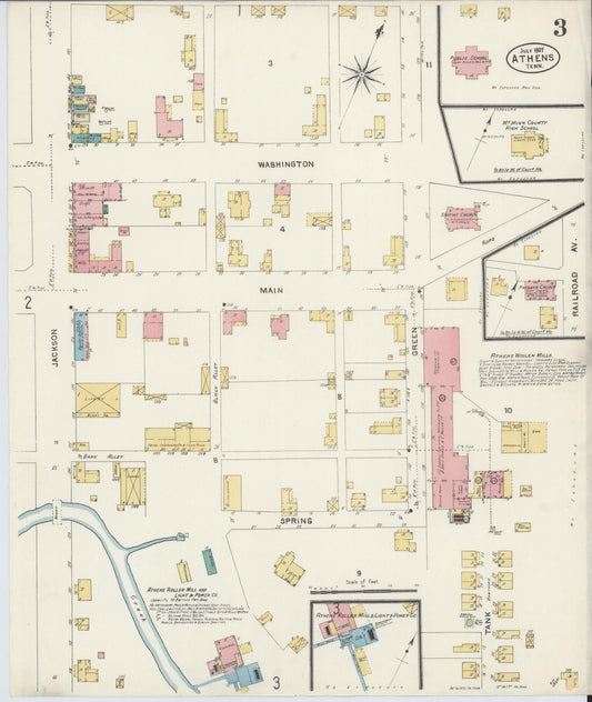 Sanborn Fire Insurance Map from Athens, McMinn County, Tennessee (1907), Sheet #0003 - Historic Sanborn Fire Insurance Map Print, vintage old map wall art, antique decor, genealogy gift, Tennessee Tennessee map
