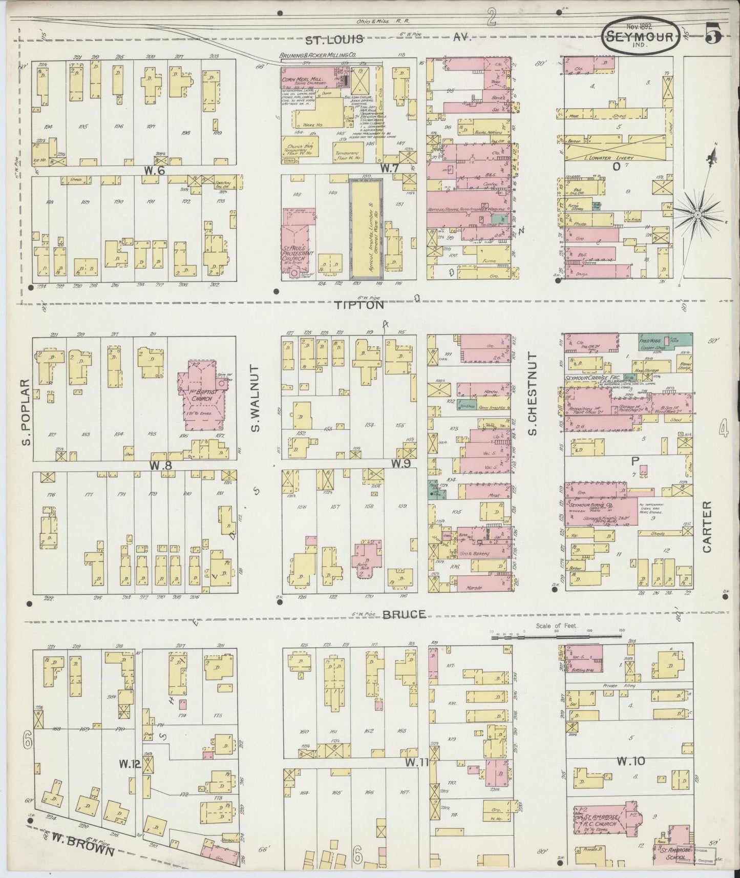 Sanborn Fire Insurance Map from Seymour, Jackson County, Indiana (1892), Sheet #0005 - Complete Map Set gallery image, historic Sanborn map, vintage wall art, Indiana Indiana