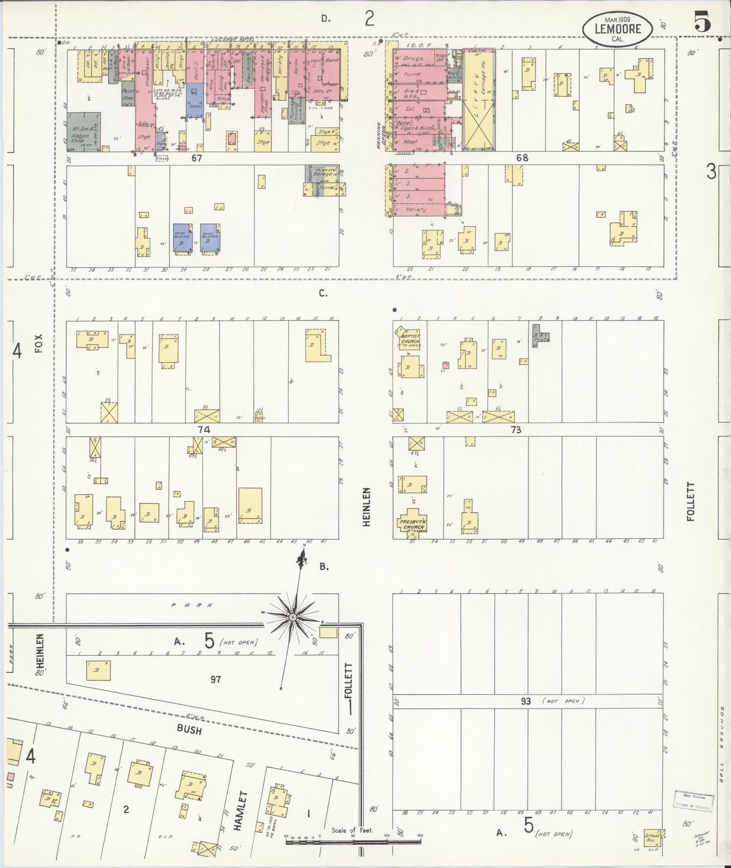 Sanborn Fire Insurance Map from Lemoore, Kings County, California (1909), Sheet #0005 - Complete Map Set gallery image, historic Sanborn map, vintage wall art, California California