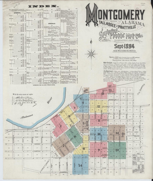 Sanborn Fire Insurance Map from Montgomery, Montgomery County, Alabama (1894), Sheet #0001 - Historic Sanborn Fire Insurance Map Print, vintage old map wall art, antique decor, genealogy gift, Alabama Alabama map