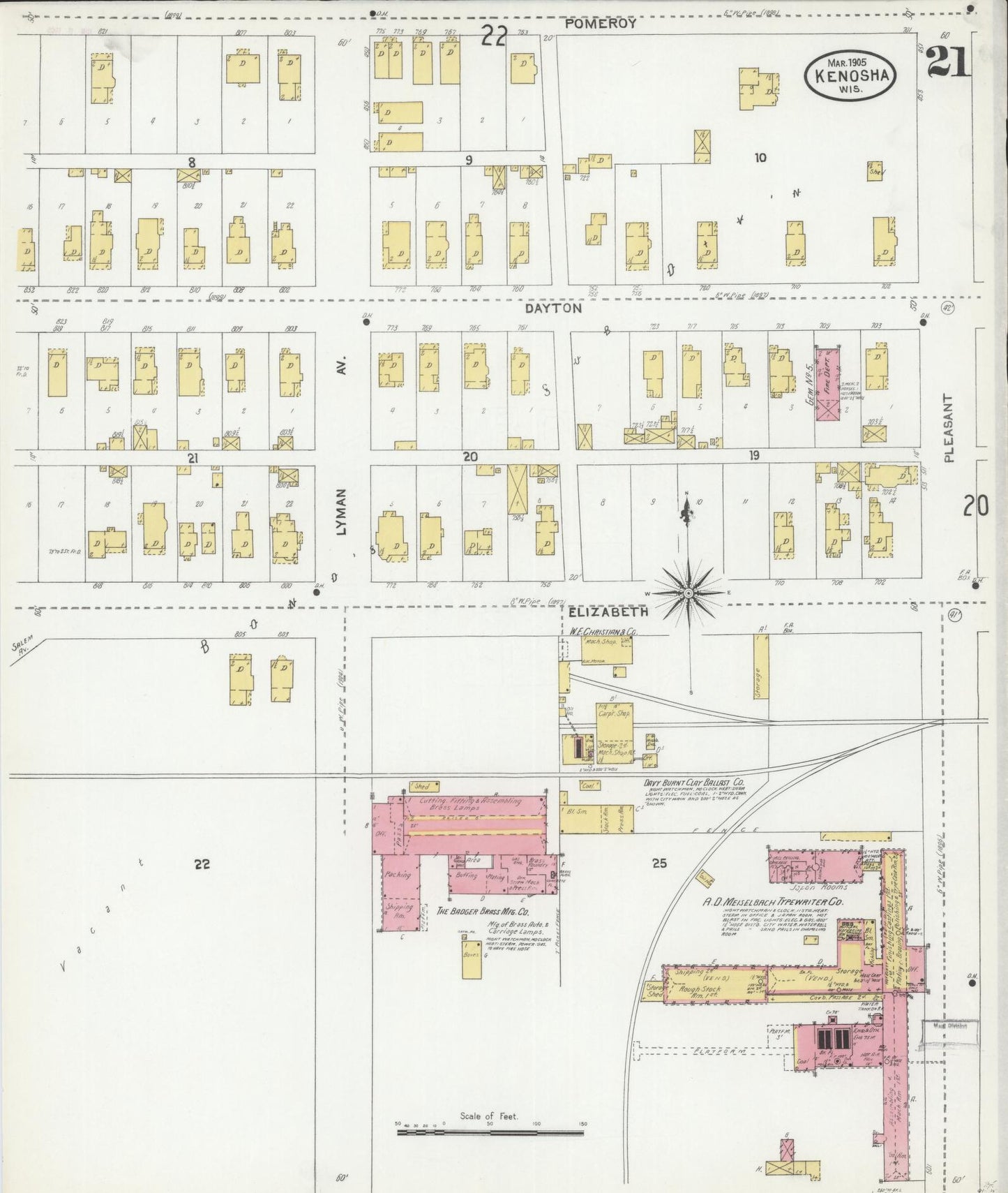 Sanborn Fire Insurance Map from Kenosha, Kenosha County, Wisconsin (1905), Sheet #0021 - Historic Sanborn Fire Insurance Map Print, vintage old map wall art, antique decor, genealogy gift, Wisconsin Wisconsin map