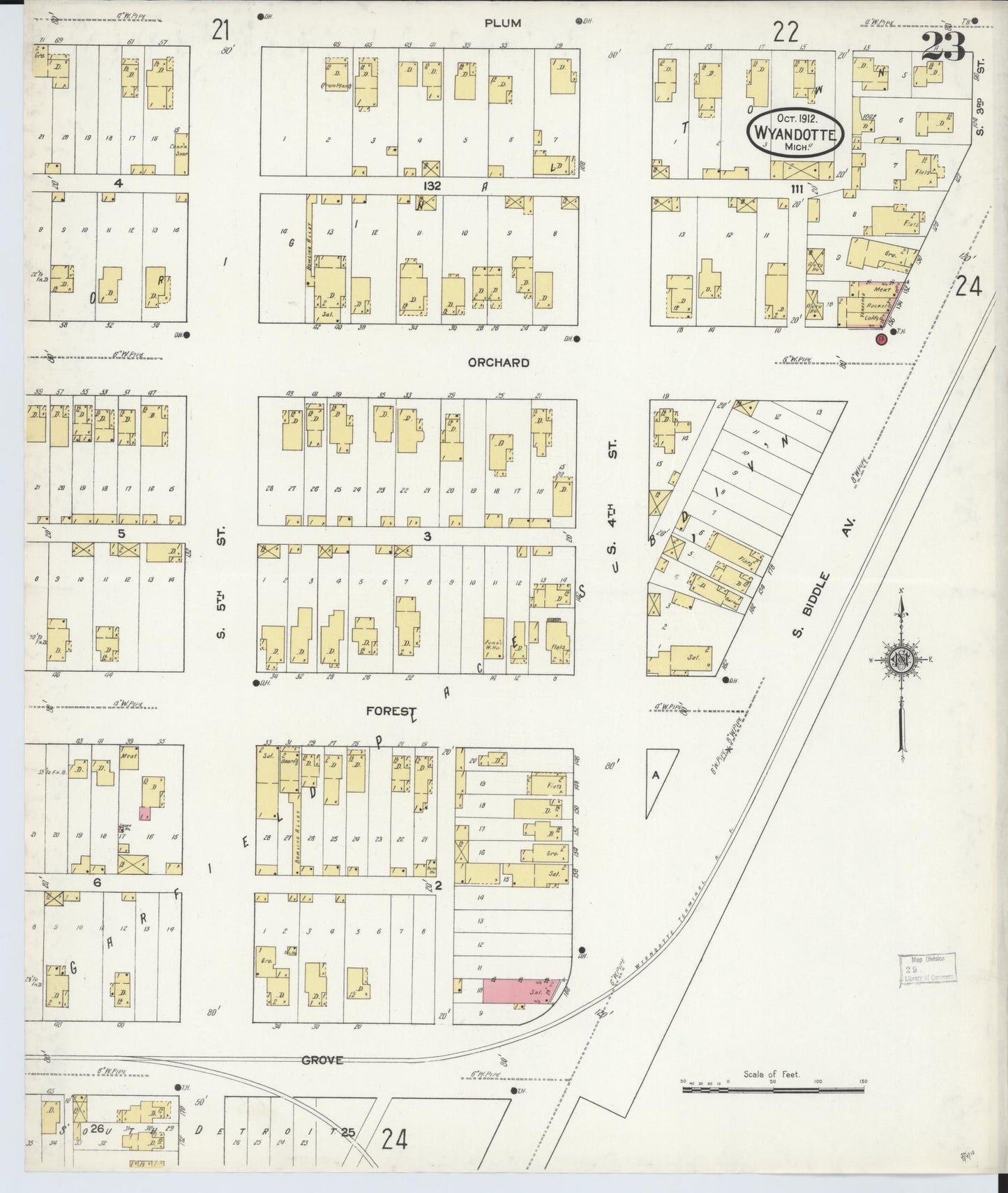 Sanborn Fire Insurance Map from Wyandotte, Wayne County, Michigan (1912), Sheet #0023 - Historic Sanborn Fire Insurance Map Print, vintage old map wall art, antique decor, genealogy gift, Michigan Michigan map