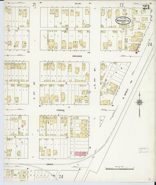Sanborn Fire Insurance Map from Wyandotte, Wayne County, Michigan (1912), Sheet #0023 - Historic Sanborn Fire Insurance Map Print, vintage old map wall art, antique decor, genealogy gift, Michigan Michigan map