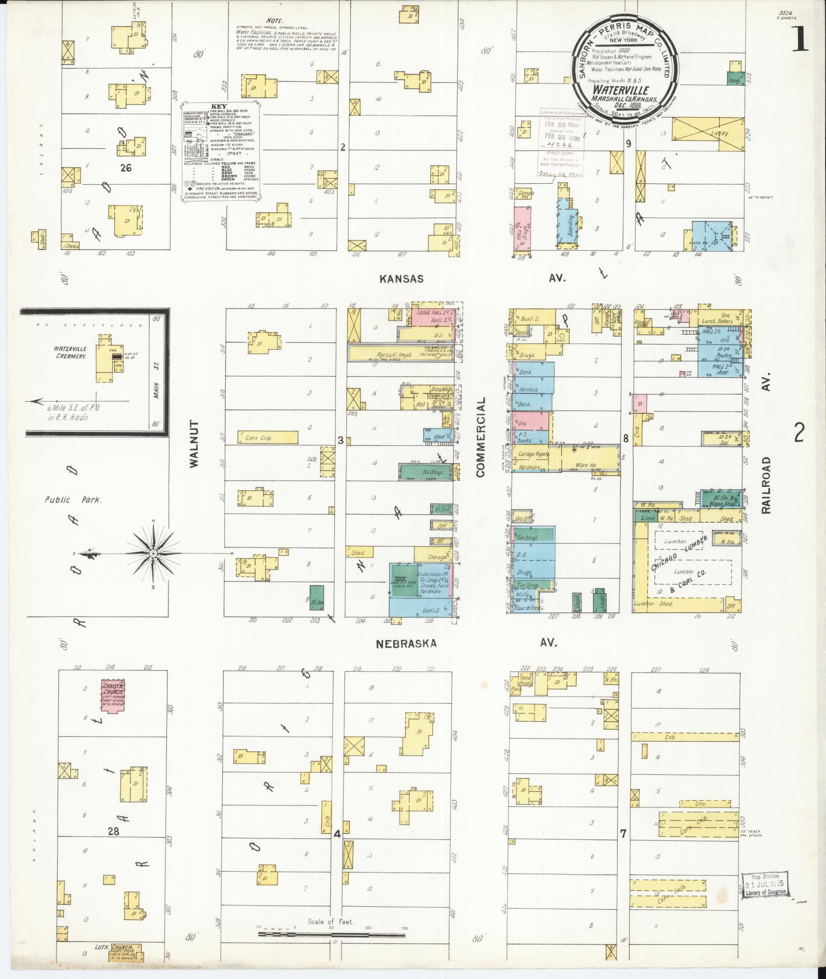 Sanborn Fire Insurance Map from Waterville, Marshall County, Kansas (1899), Sheet #0001 - Historic Sanborn Fire Insurance Map Print, vintage old map wall art, antique decor, genealogy gift, Kansas Kansas map