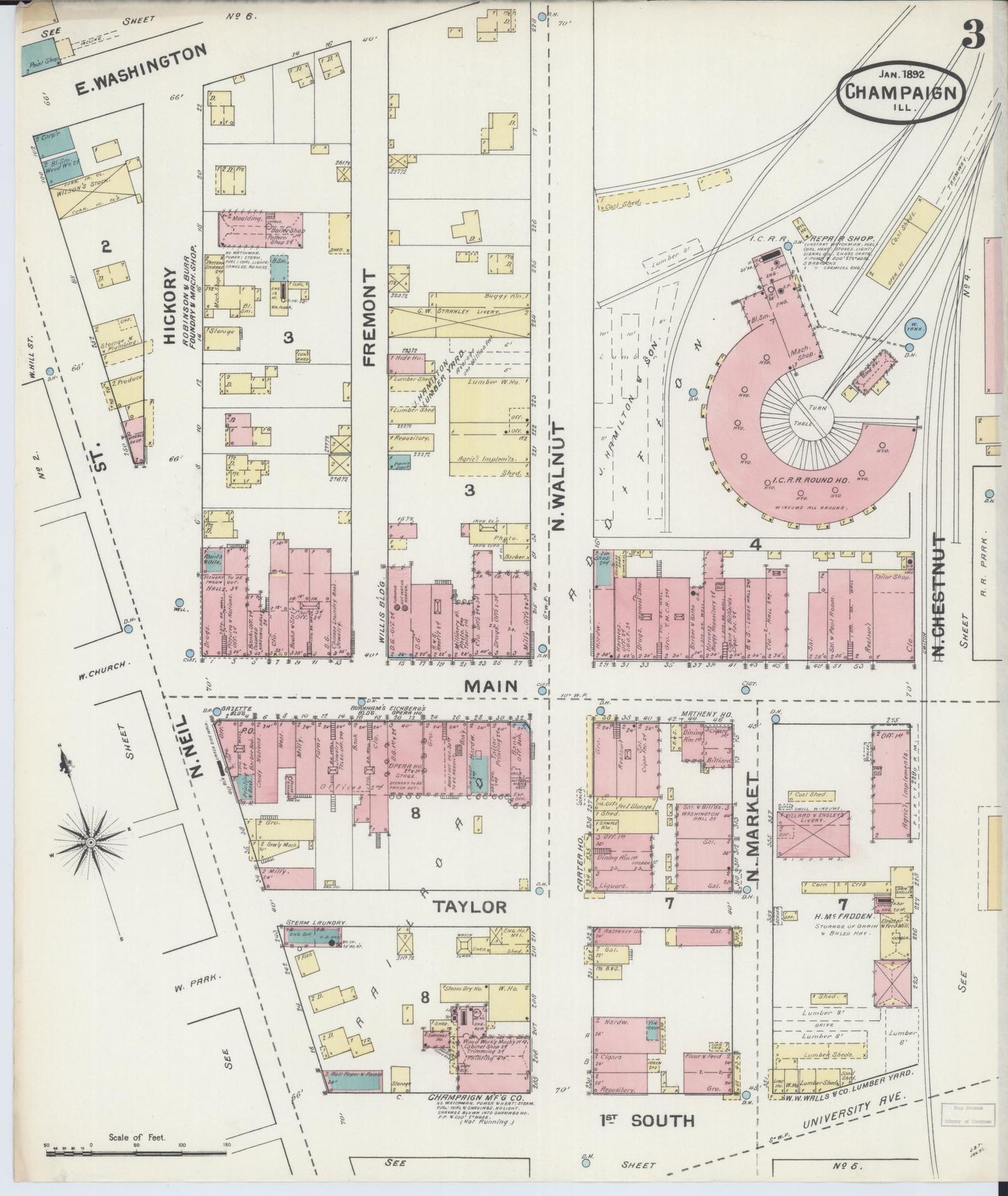 Sanborn Fire Insurance Map from Champaign, Champaign County, Illinois (1892), Sheet #0003 - Complete Map Set gallery image, historic Sanborn map, vintage wall art, Illinois Illinois